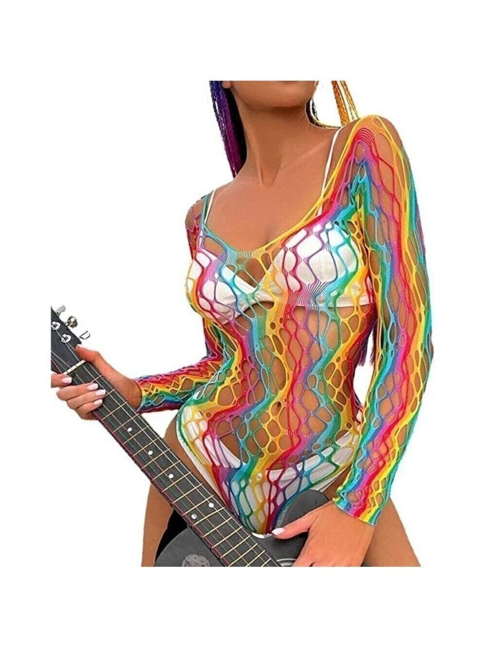 𝅺🌈 Rainbow Fishnet Stockings Mesh Lingerie Bodysuit Party Rave Boho Cosplay NWT